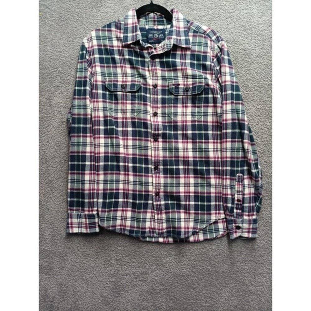 American Eagle Plaid Flannel Shirt‎ Men's M Blue Green Long Sleeve Cotton